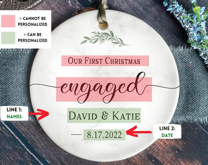 Engaged Christmas Ornament - Custom Greenery Engagement Keepsake - Personalized First Christmas Engaged