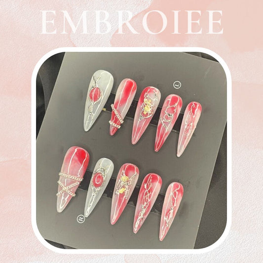 Red Tone Hand-painted Press On Nails