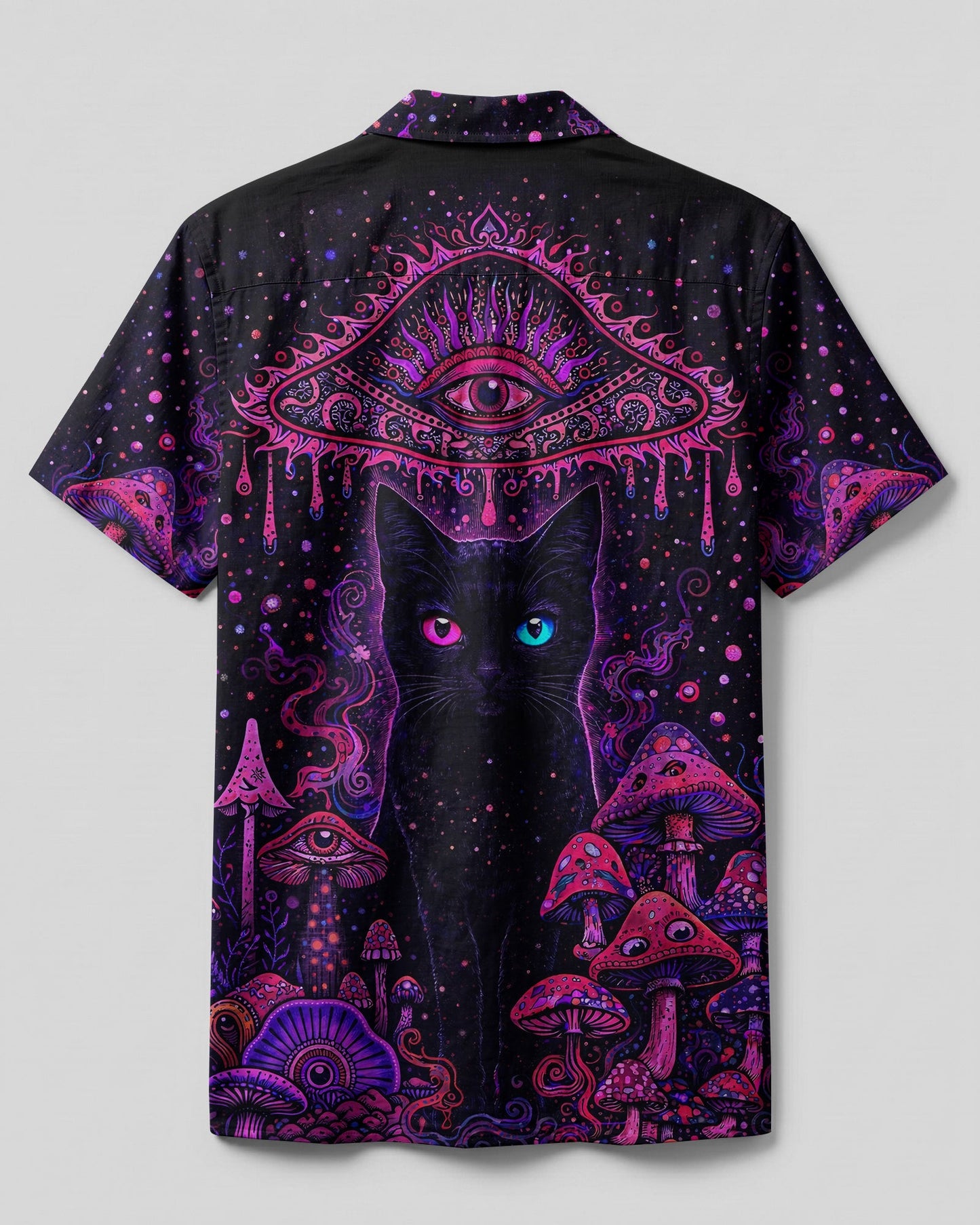PSYCHEDELIC EYES MUSHROOM BLACK CAT CAMP SHIRT   - TLHG0604262