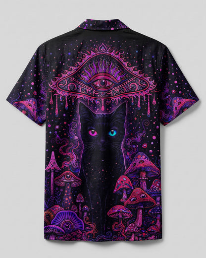 PSYCHEDELIC EYES MUSHROOM BLACK CAT CAMP SHIRT   - TLHG0604262