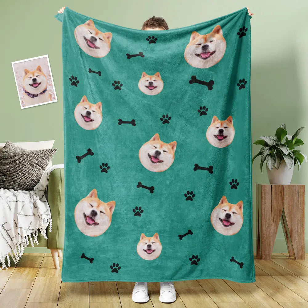 Custom Dog Face Blanket Dog Paws and Bones Spines Personalized Pet Photo Blanket