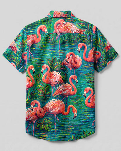 FLAMINGO ART PATTERN BUTTON-DOWN COLLAR SHIRT - TLHG1906262