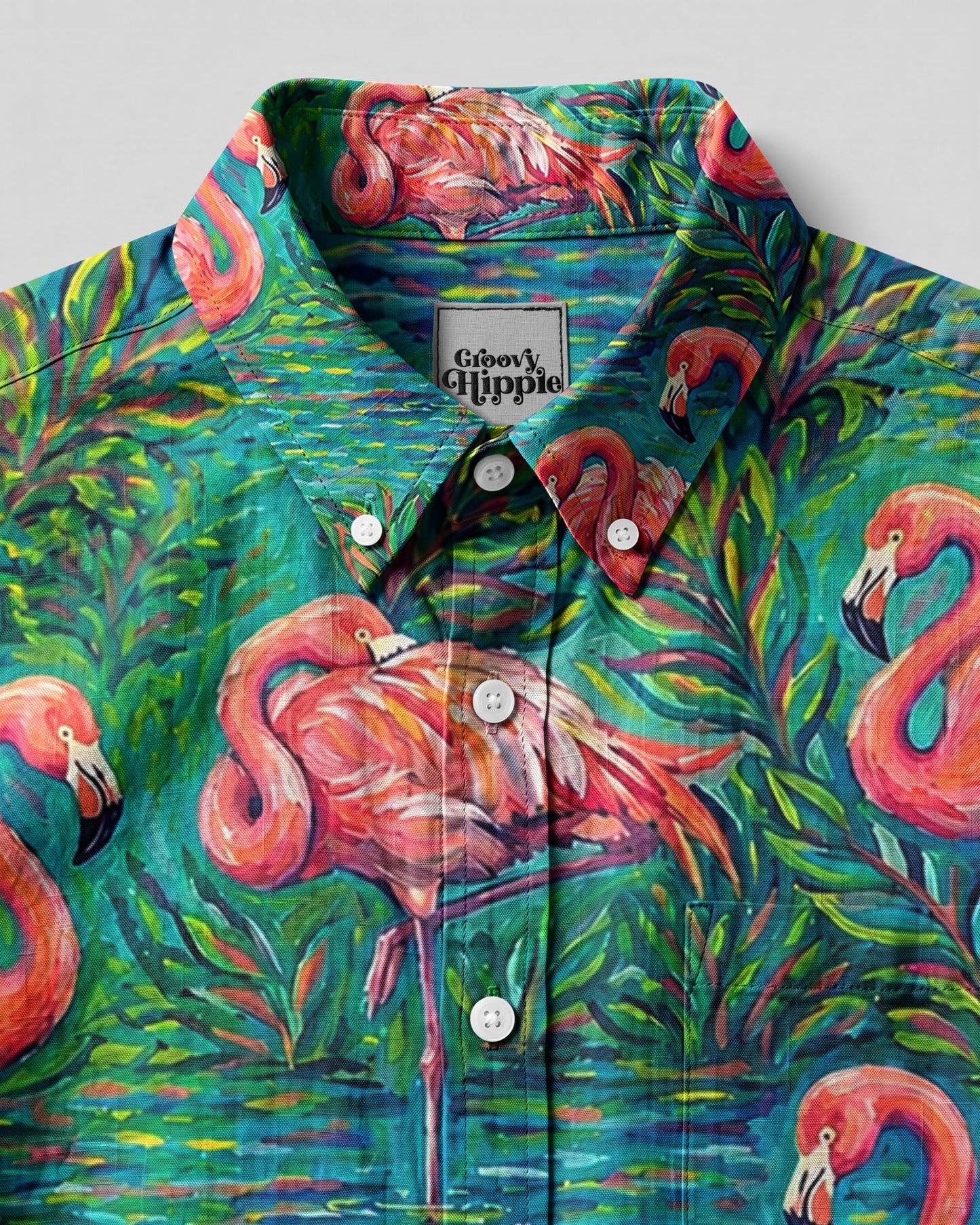 FLAMINGO ART PATTERN BUTTON-DOWN COLLAR SHIRT - TLHG1906262