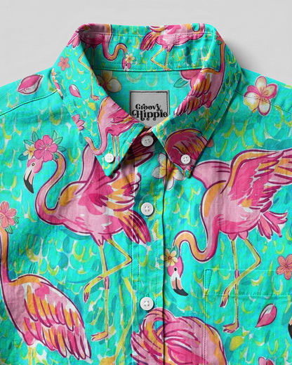 FLAMINGO PARADISE ART PATTERN BUTTON-DOWN COLLAR SHIRT - TLHG1906265
