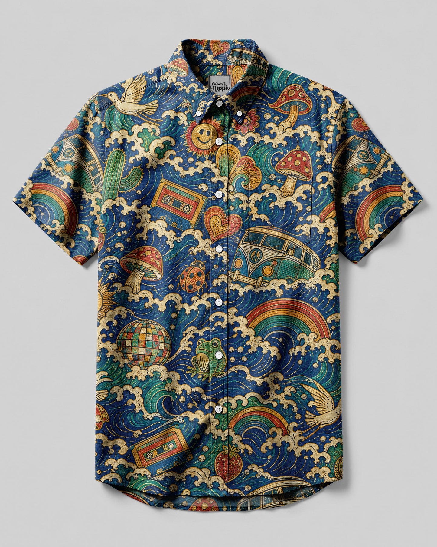 PEACE LOVE GOOD VIBES PATTERN BUTTON-DOWN COLLAR SHIRT - KMTM1706263