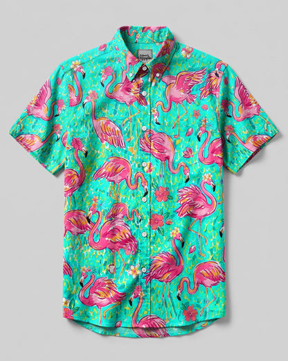 FLAMINGO PARADISE ART PATTERN BUTTON-DOWN COLLAR SHIRT - TLHG1906265