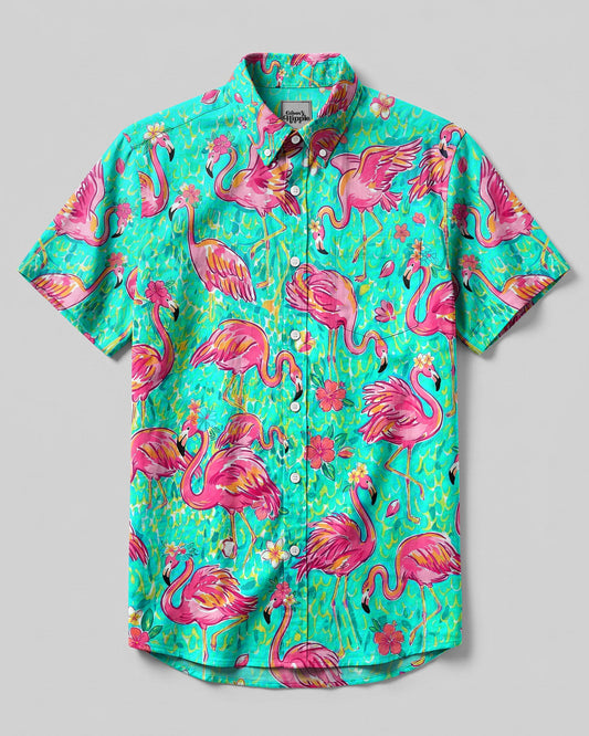FLAMINGO PARADISE ART PATTERN BUTTON-DOWN COLLAR SHIRT - TLHG1906265