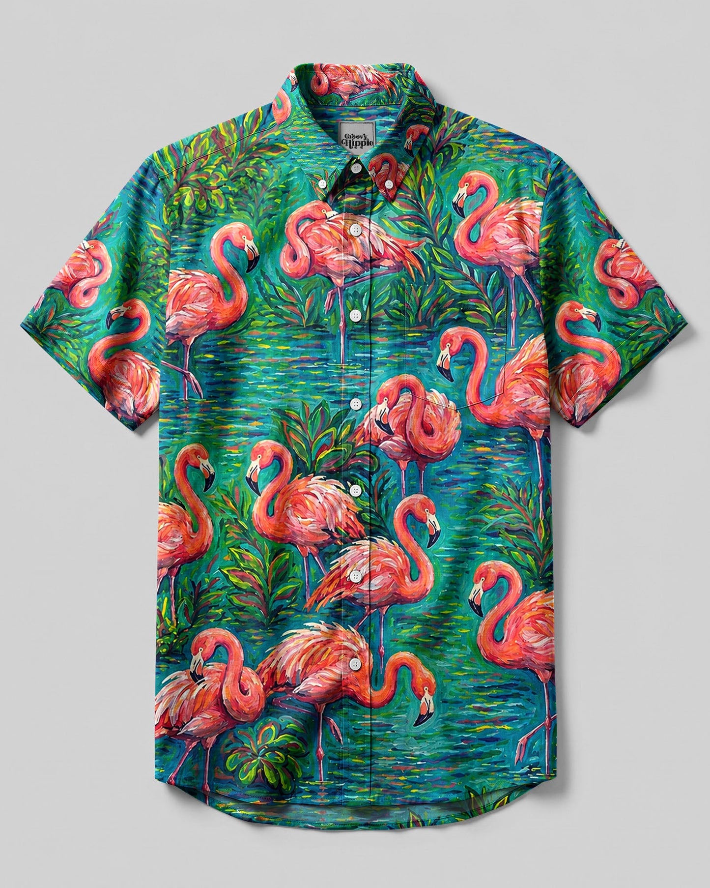 FLAMINGO ART PATTERN BUTTON-DOWN COLLAR SHIRT - TLHG1906262