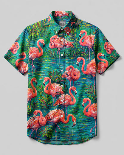 FLAMINGO ART PATTERN BUTTON-DOWN COLLAR SHIRT - TLHG1906262