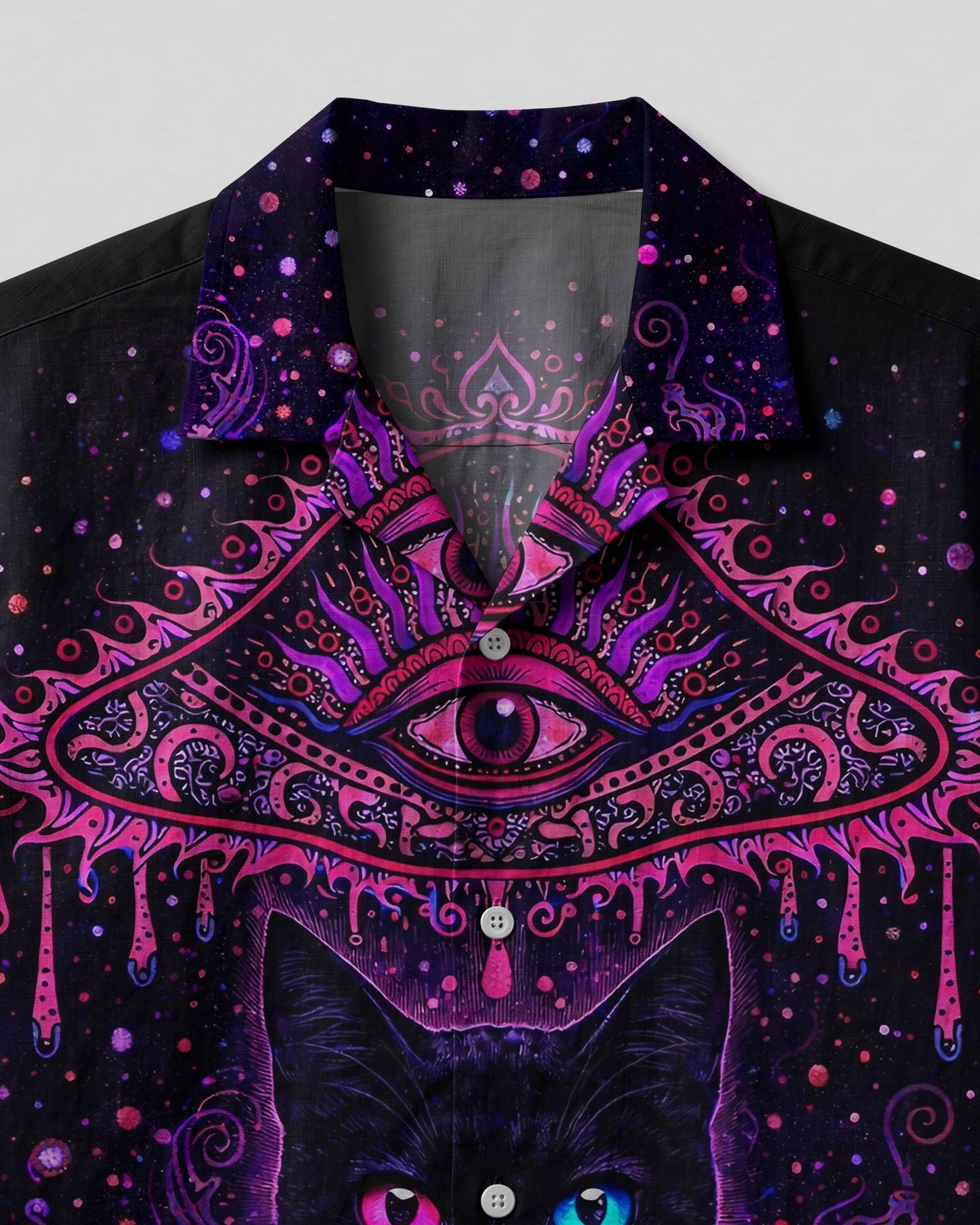 PSYCHEDELIC EYES MUSHROOM BLACK CAT CAMP SHIRT   - TLHG0604262