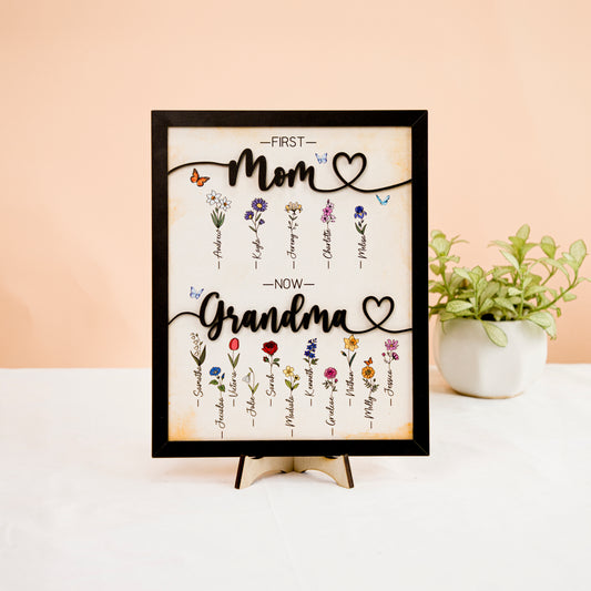 Mother's Day Personalized Birth Month Flower Sign First Mom Now Grandma Wooden Floral Name Frame