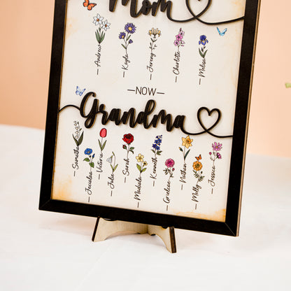 Mother's Day Personalized Birth Month Flower Sign First Mom Now Grandma Wooden Floral Name Frame