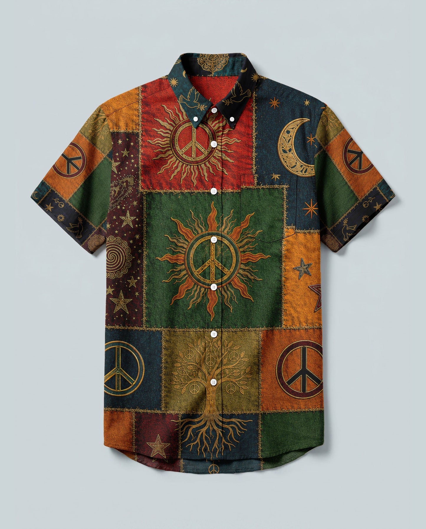 BOHO PEACE SYMBOL VINTAGE BUTTON-DOWN COLLAR SHIRT - KMTM0106261