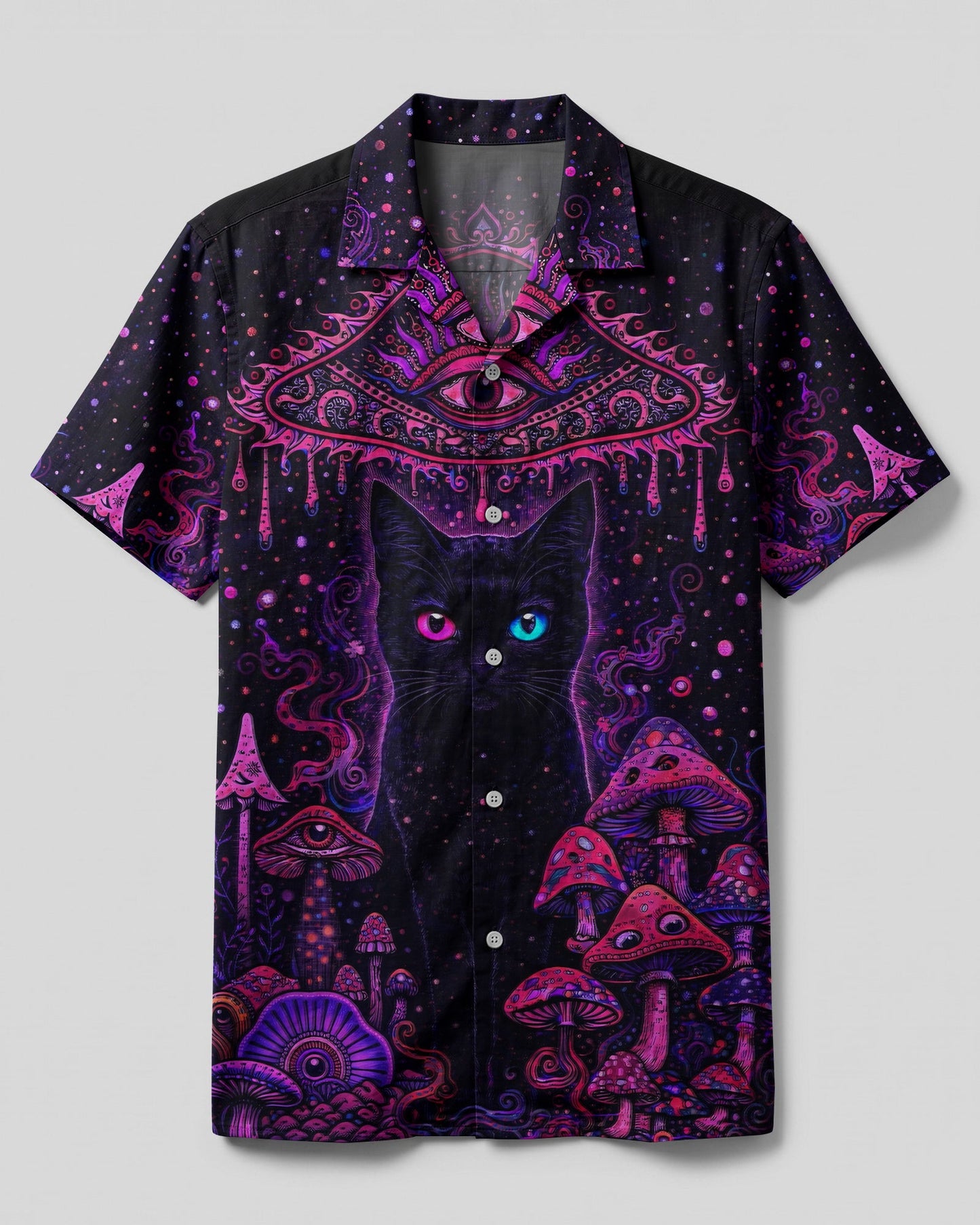PSYCHEDELIC EYES MUSHROOM BLACK CAT CAMP SHIRT   - TLHG0604262