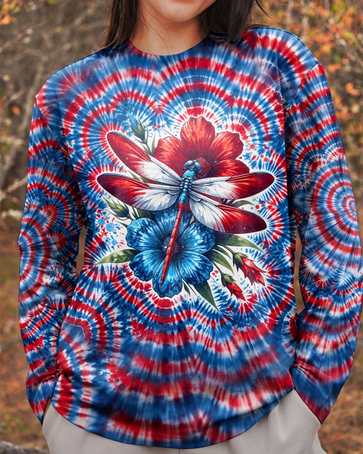 JUST BREATHE DRAGONFLY RED WHITE & BLUE SWIRL ALL OVER PRINT - TLHG0304262