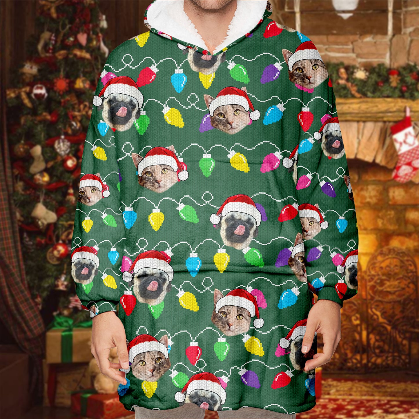 Personalized Pet Dog Cat Christmas Light Oodie Blanket Hoodie