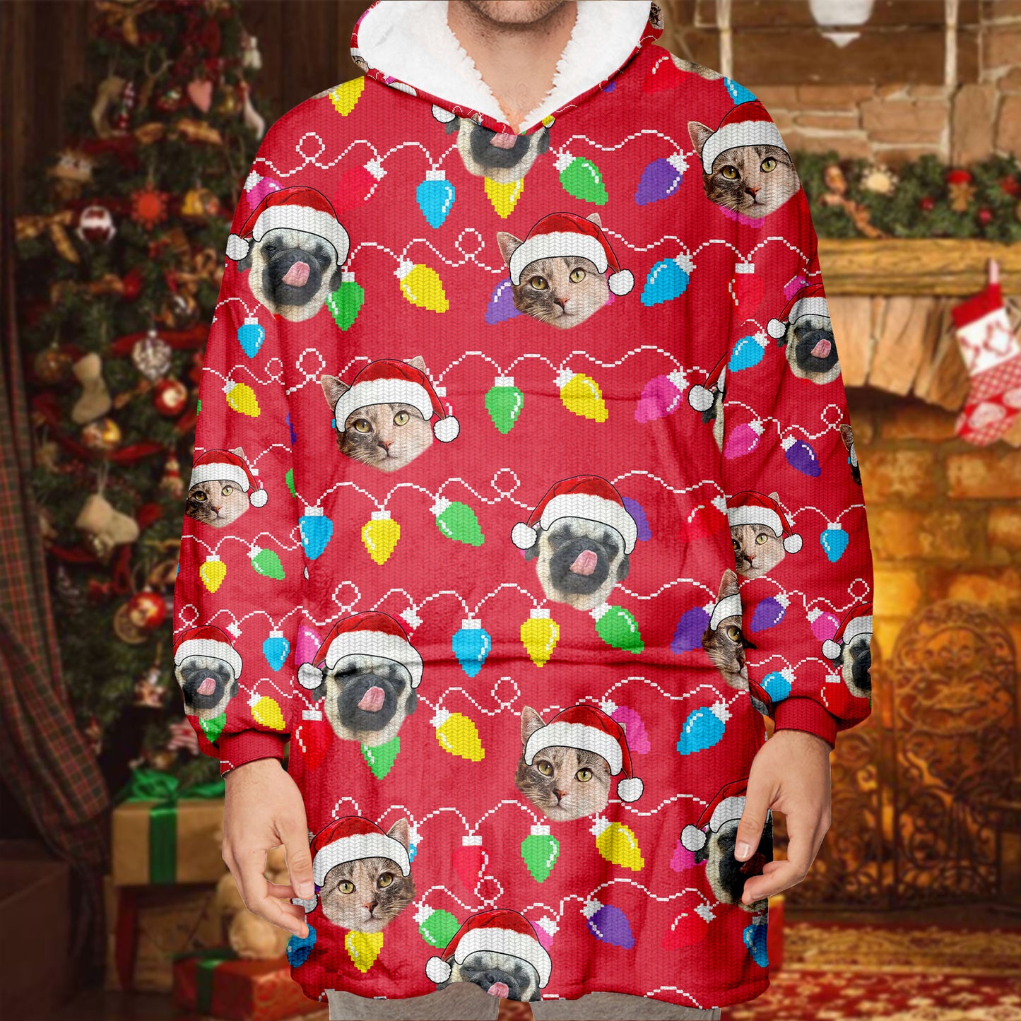 Personalized Pet Dog Cat Christmas Light Oodie Blanket Hoodie