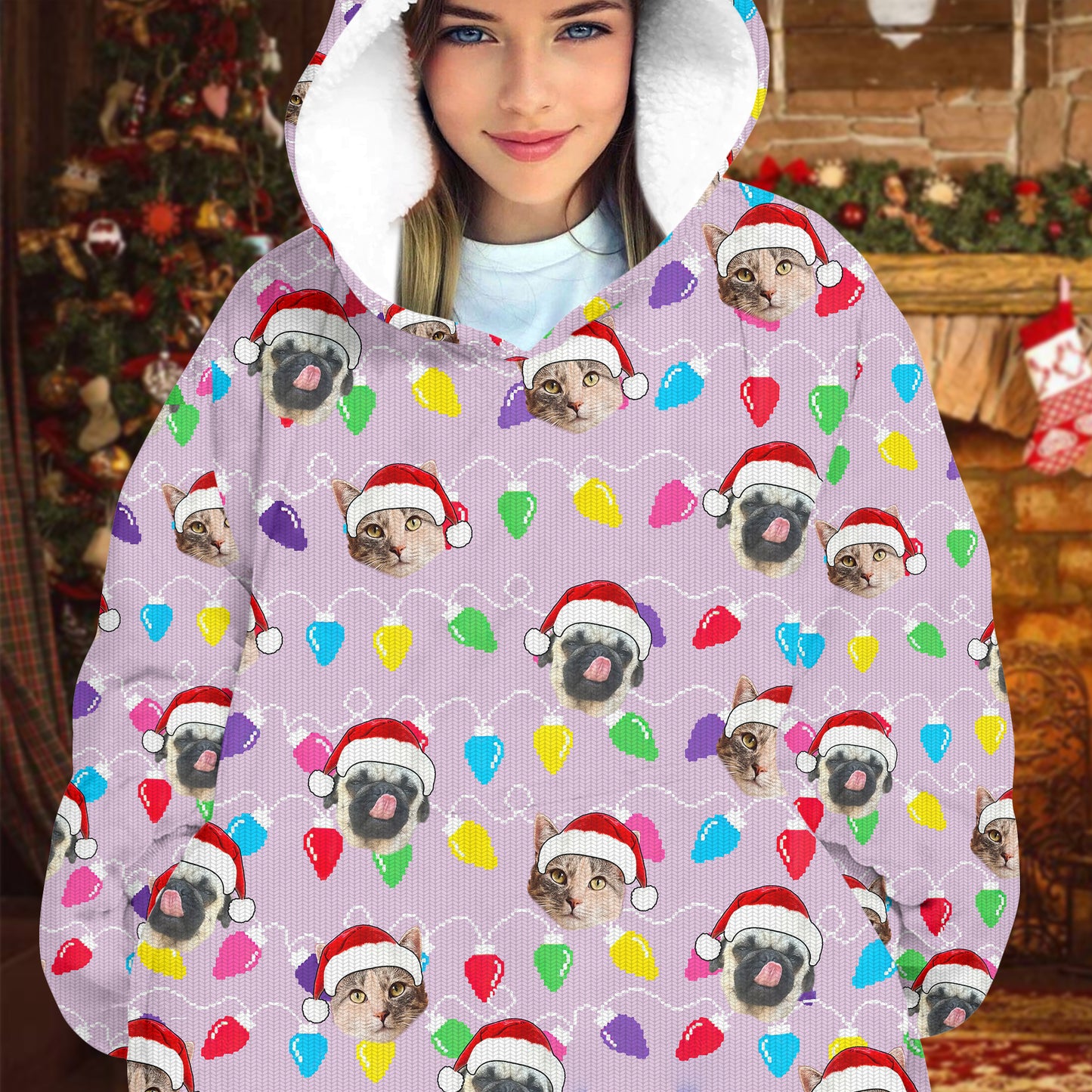 Personalized Pet Dog Cat Christmas Light Oodie Blanket Hoodie