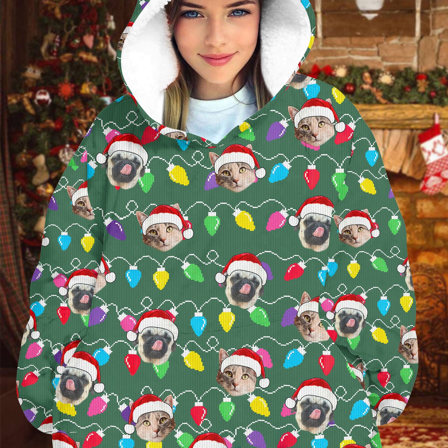 Personalized Pet Dog Cat Christmas Light Oodie Blanket Hoodie