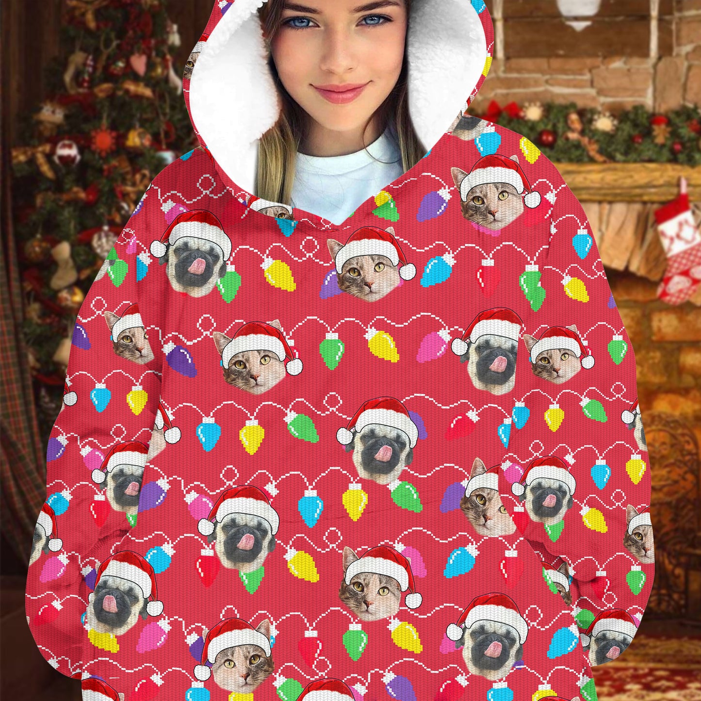 Personalized Pet Dog Cat Christmas Light Oodie Blanket Hoodie