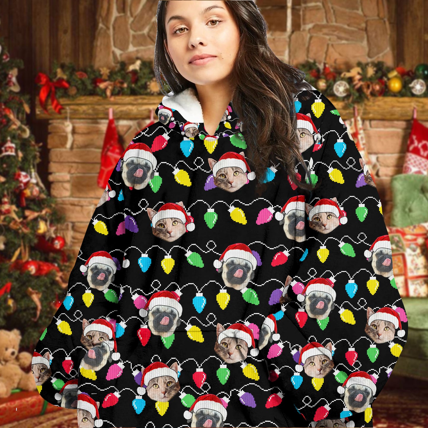 Personalized Pet Dog Cat Christmas Light Oodie Blanket Hoodie