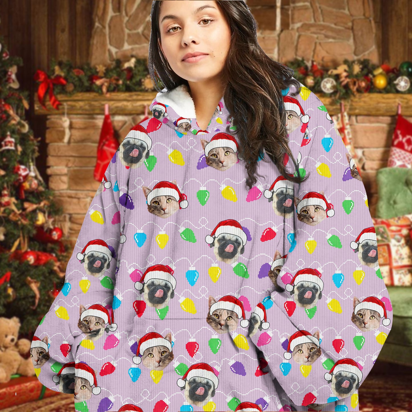 Personalized Pet Dog Cat Christmas Light Oodie Blanket Hoodie
