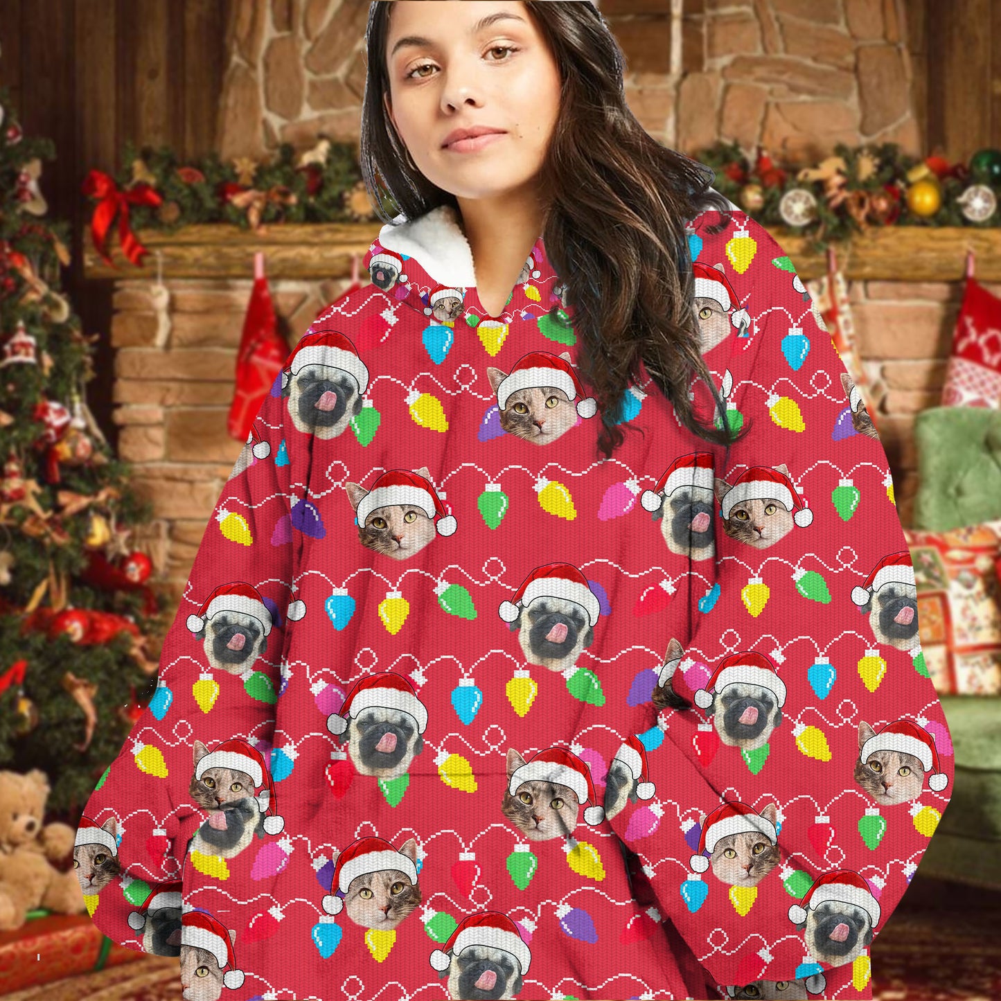 Personalized Pet Dog Cat Christmas Light Oodie Blanket Hoodie