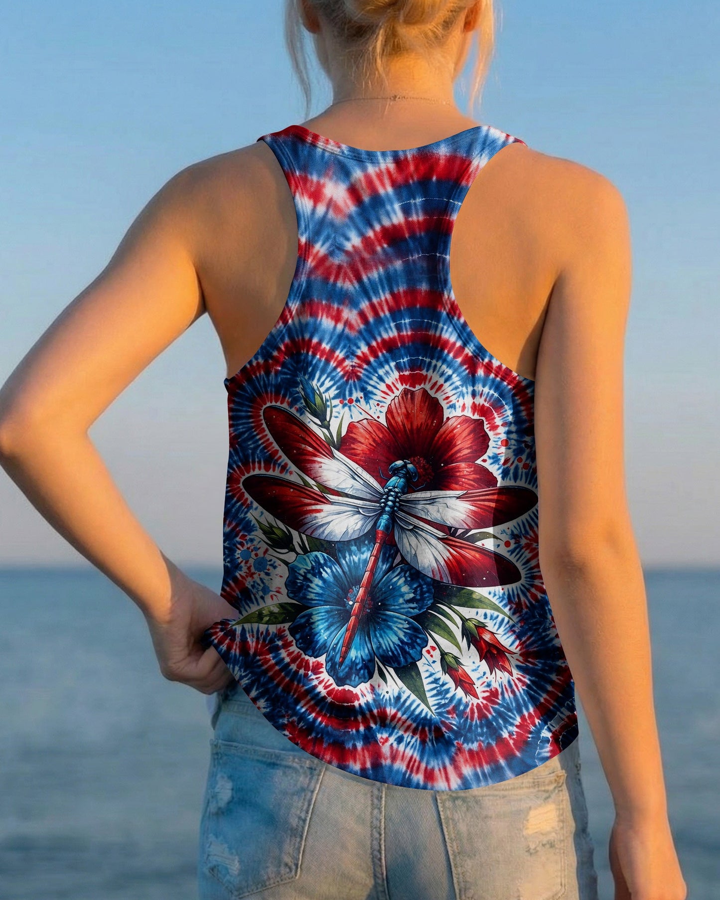 JUST BREATHE DRAGONFLY RED WHITE & BLUE SWIRL ALL OVER PRINT - TLHG0304262