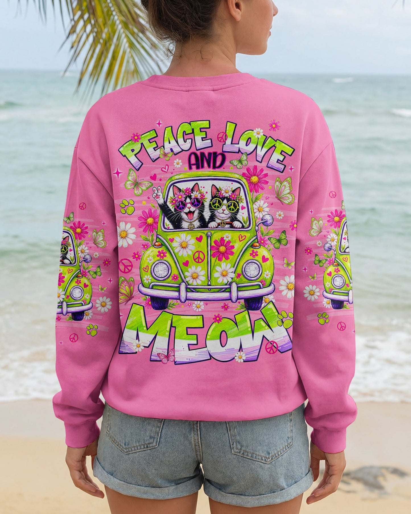 PEACE LOVE AND MEOW CAT HIPPIE CAR ALL OVER PRINT - TLNT0807263