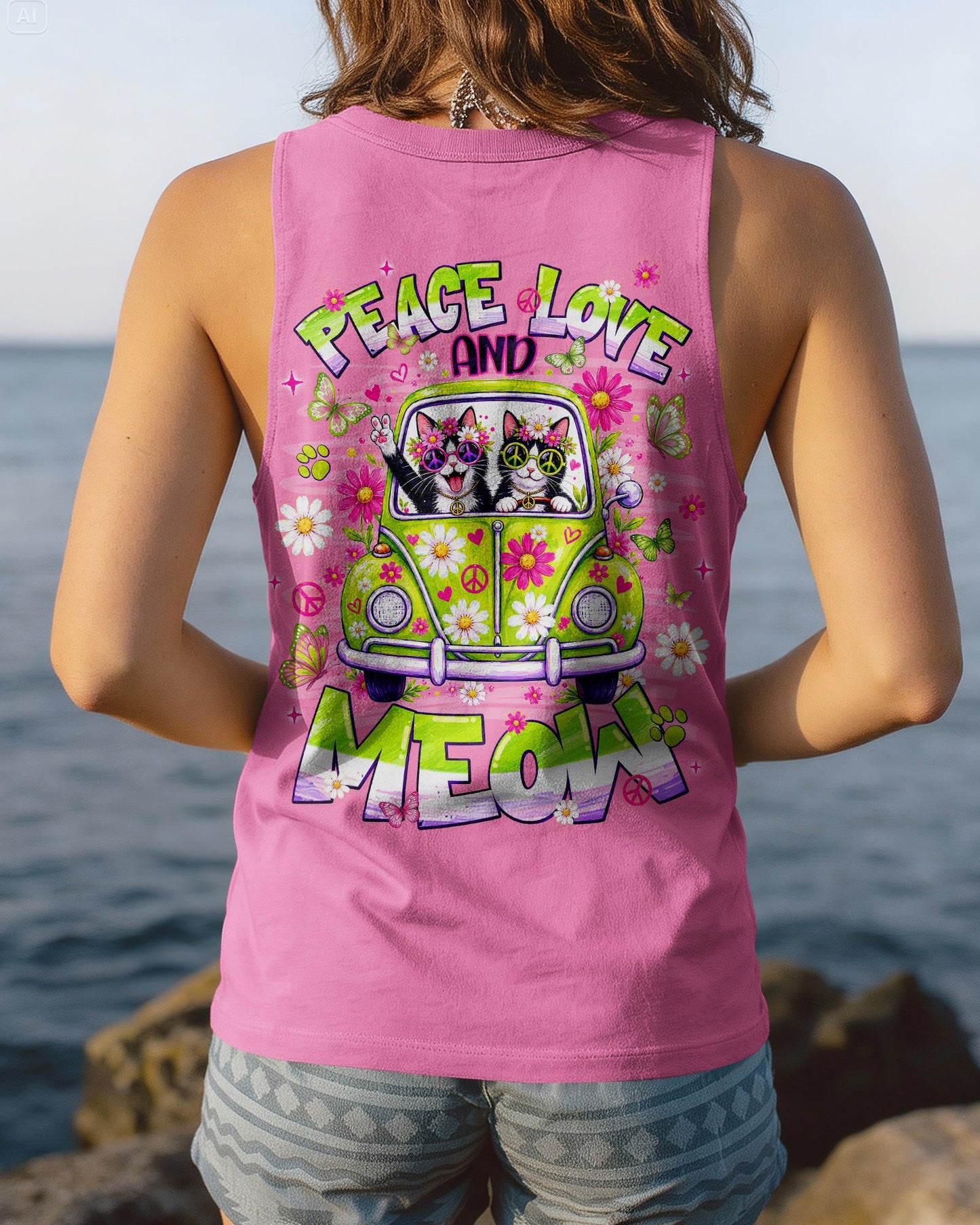 PEACE LOVE AND MEOW CAT HIPPIE CAR ALL OVER PRINT - TLNT0807263
