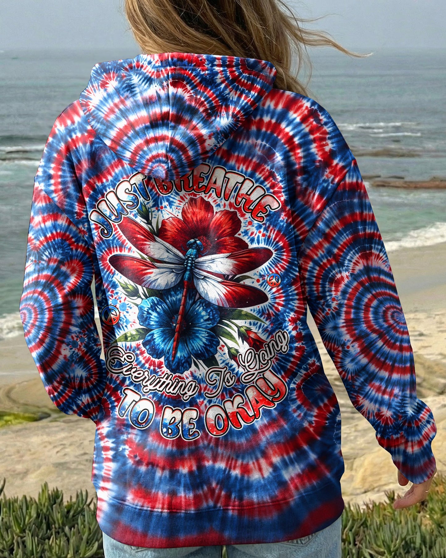 JUST BREATHE DRAGONFLY RED WHITE & BLUE SWIRL ALL OVER PRINT - TLHG0304262