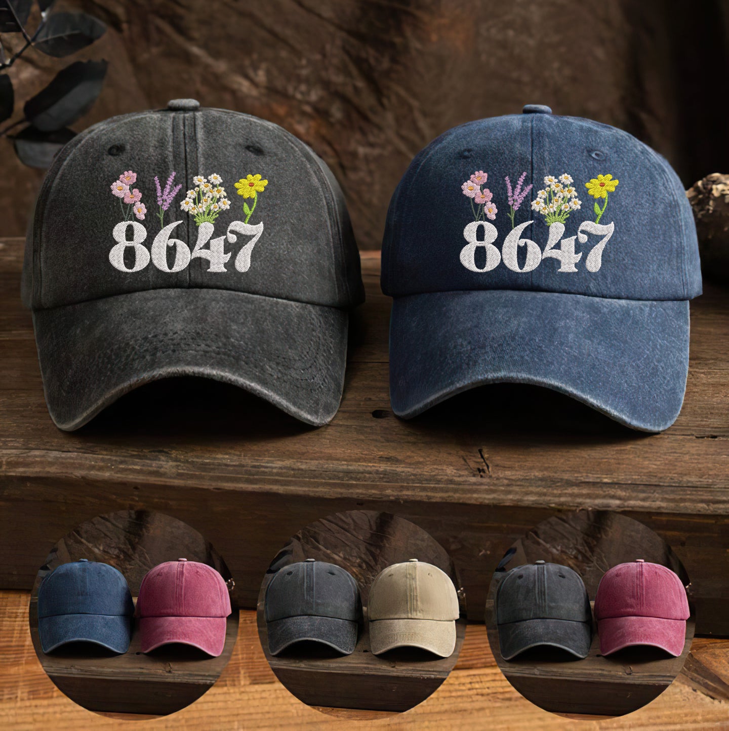 Embroidered 8647 Floral Dyed Cap Trucker Hat
