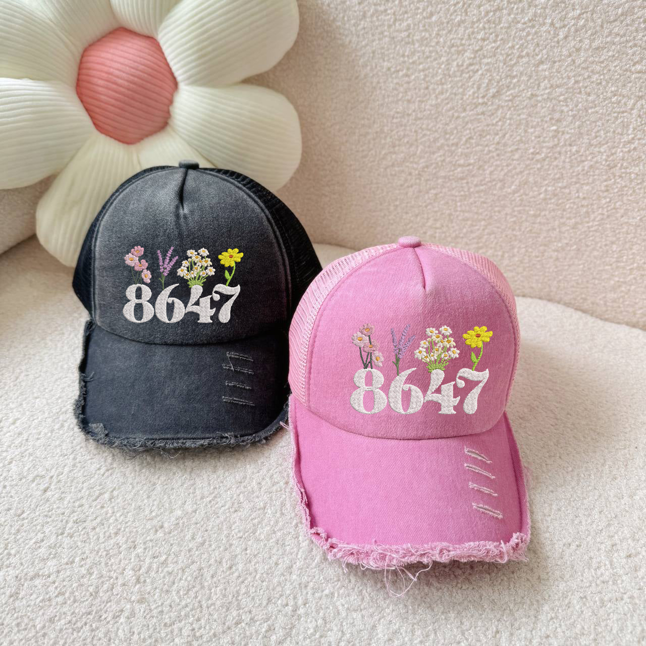 Embroidered 8647 Floral Dyed Cap Trucker Hat