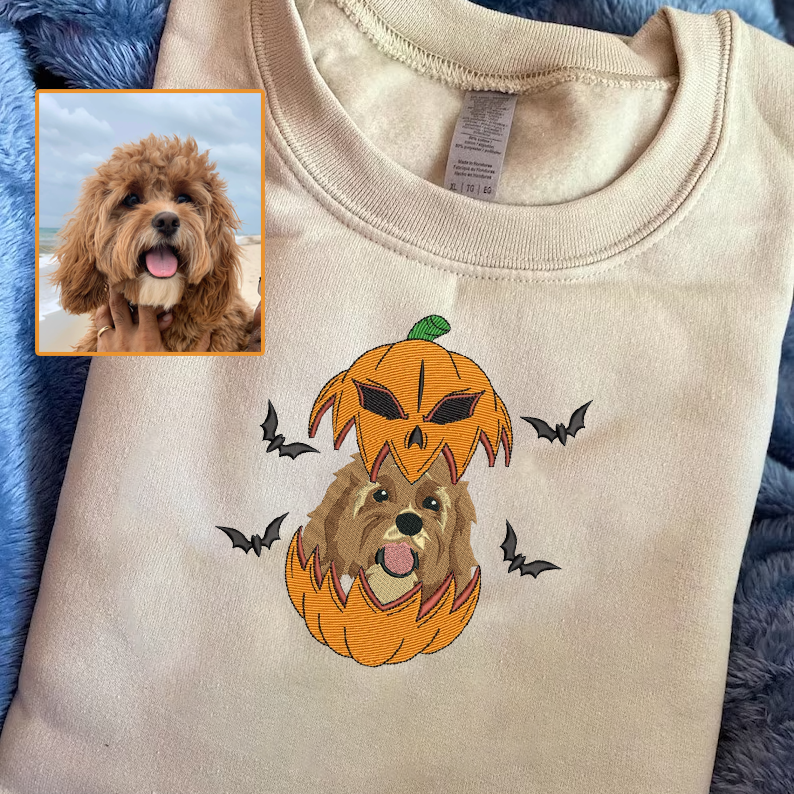 Halloween Personalized Embroidered Pet Dog Cat Face Pumpkin Hoodie Sweatshirt T-Shirt