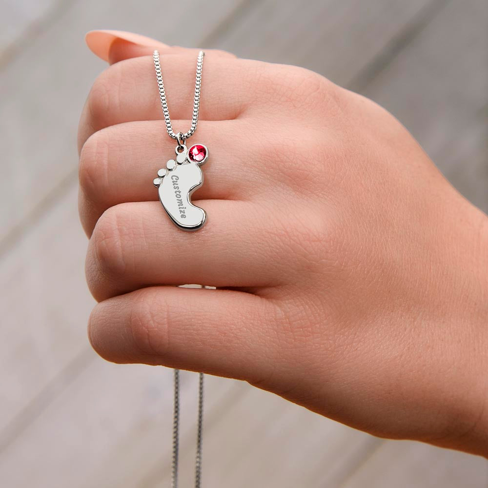Personalized Mum Engraved Baby Feet Necklace with Birthstone