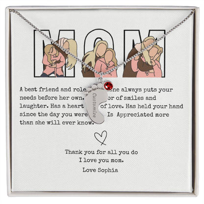 Personalized Mom Engraved Baby Feet Necklace with Birthstone