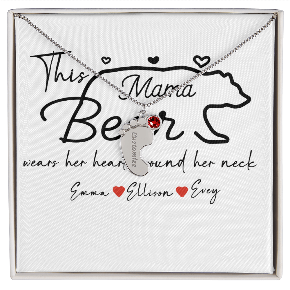 Personalized Mama Bear Engraved Baby Feet Necklace with Birthstone