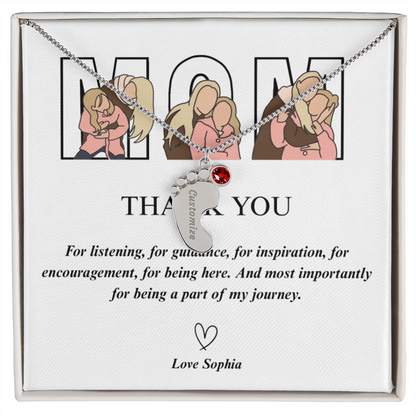 Personalized Thank You Mom  Engraved Baby Feet Necklace with Birthstone