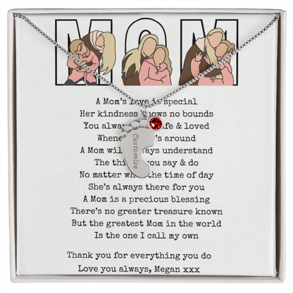 Personalized Mom Engraved Baby Feet Necklace with Birthstone