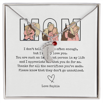 Personalized Mom Engraved Baby Feet Necklace with Birthstone