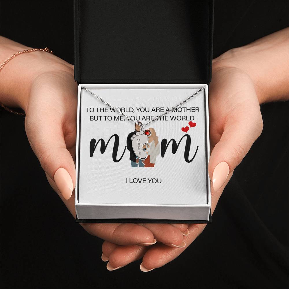 Personalized Mom I Love You  Engraved Baby Feet Necklace with Birthstone