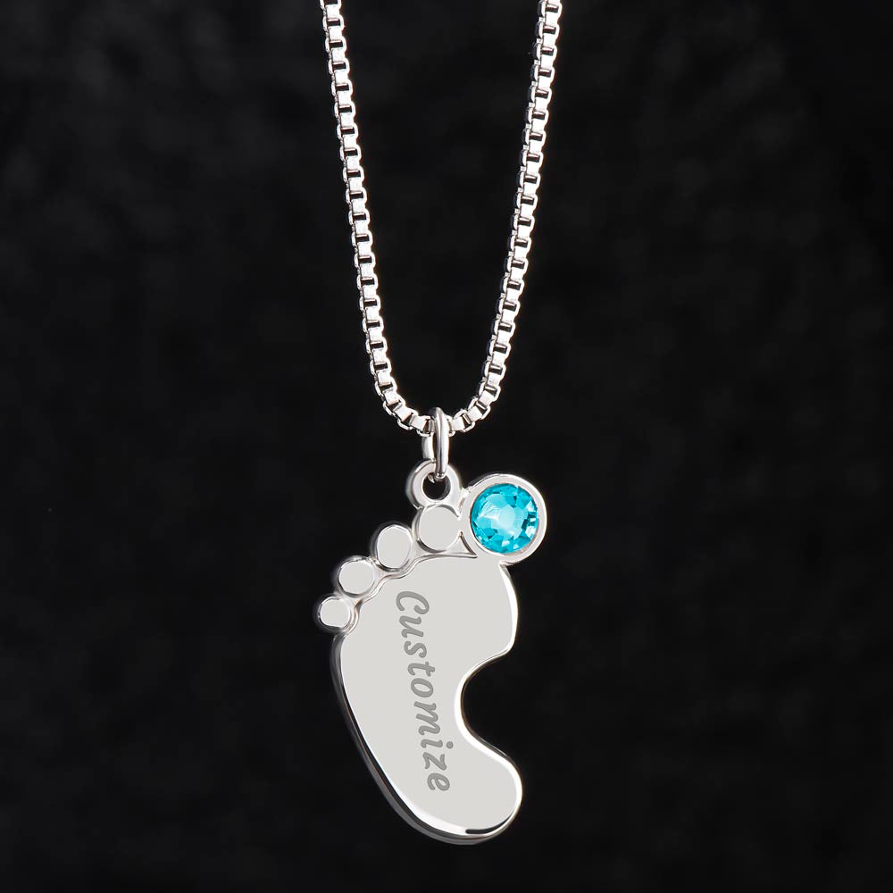 Personalized Mom Engraved Baby Feet Necklace with Birthstone