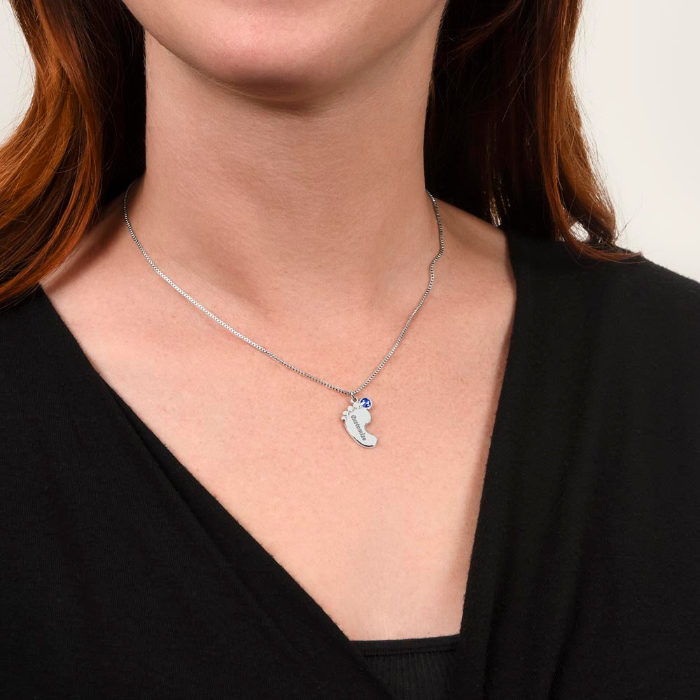 Personalized Mom Engraved Baby Feet Necklace with Birthstone