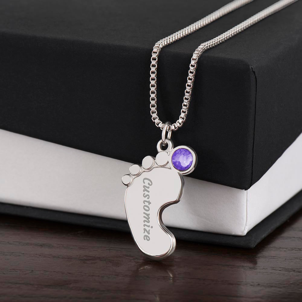 Personalized Mum Engraved Baby Feet Necklace with Birthstone