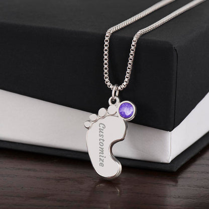 Personalized Mum Engraved Baby Feet Necklace with Birthstone