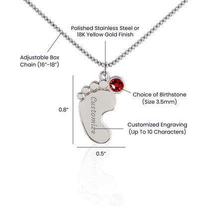 Custom Mom Engraved Baby Feet Necklace with Birthstone