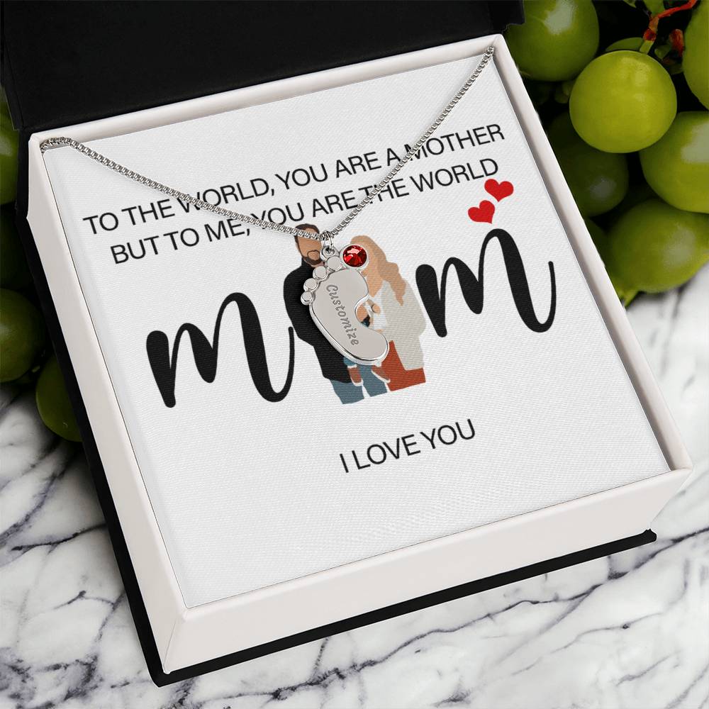 Personalized Mom I Love You  Engraved Baby Feet Necklace with Birthstone