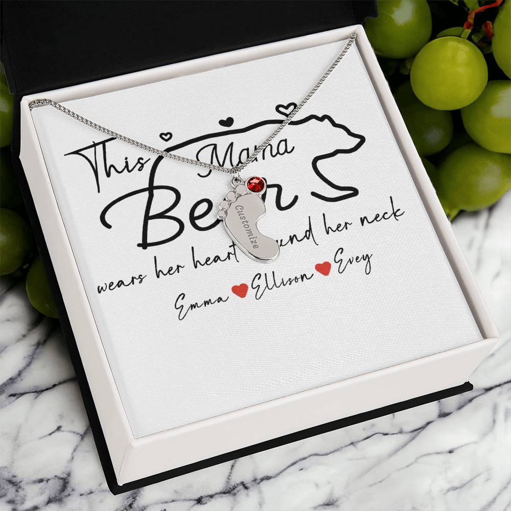 Personalized Mama Bear Engraved Baby Feet Necklace with Birthstone
