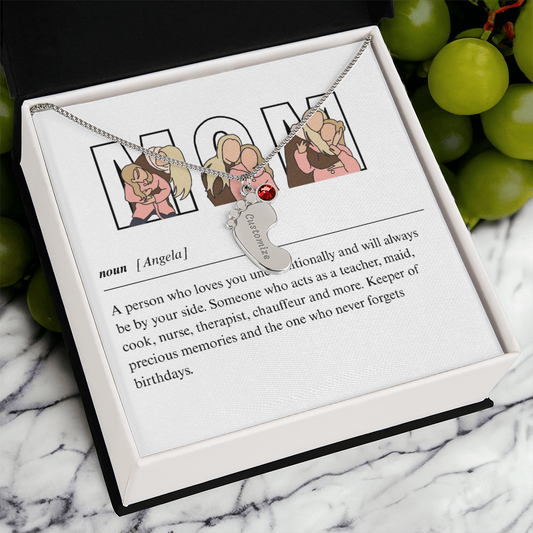 Custom Mom Engraved Baby Feet Necklace with Birthstone