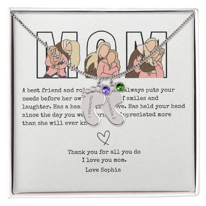 Personalized Mom Engraved Baby Feet Necklace with Birthstone